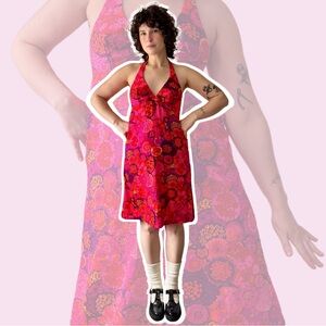 Vintage 1970s Vibrant Pink and Purple Halter Dress